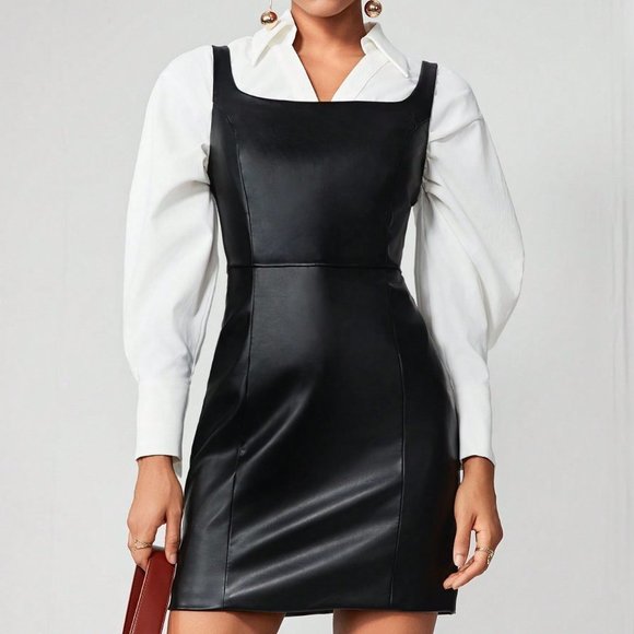 Black Preppy Womens Solid PU Leather Dress - Picture 5 of 6